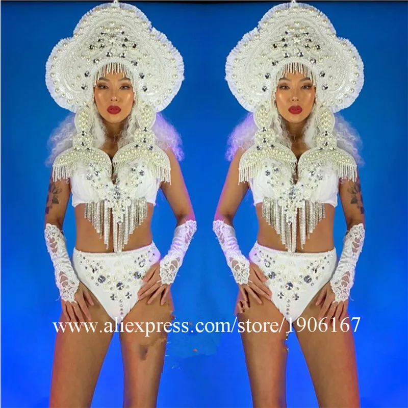 

Nightclub Show Sexy Lady Bikini Suit With Pearl Headdress Catwalk Ballroom DS Valentine Day Performance Costumes Model Bodysuit