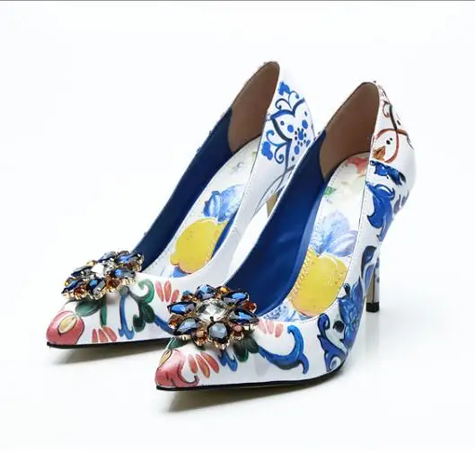 Женские туфли лодочки на шпильке с цветным цветочным принтом|Женские туфли| |