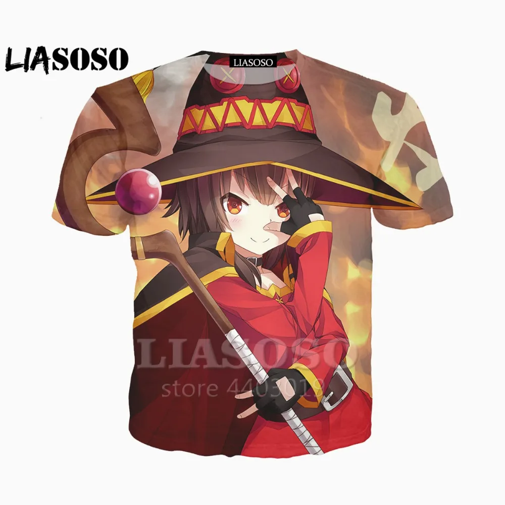 LIASOSO новый аниме Konosuba Kawaii футболки 3D принт футболка унисекс Megumin Косплэй Hipster