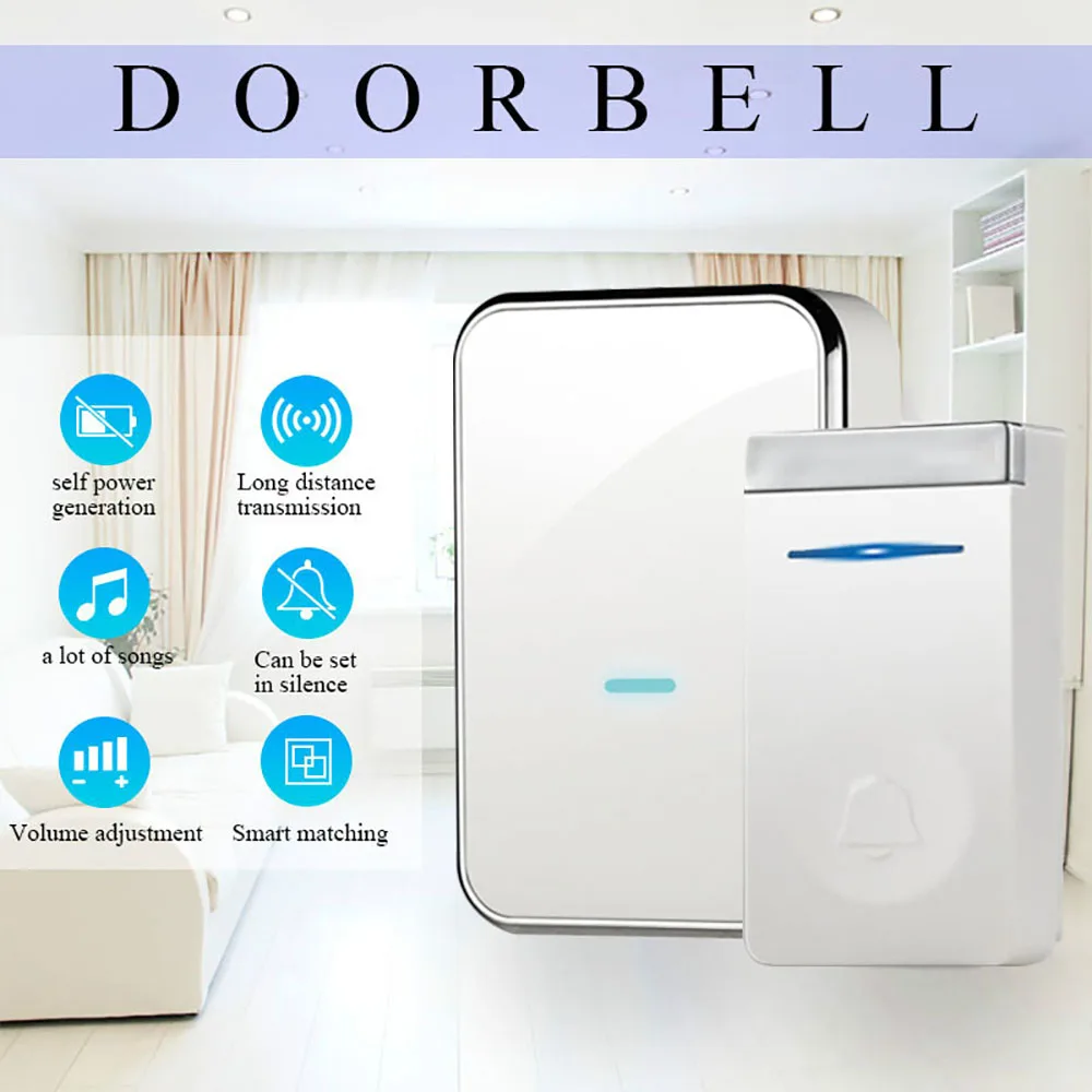 Беспроводной дверной звонок самопоколения, Водонепроницаемый дверной звонок, 45 мелодий, качественный звук на компакт-диске 
Беспроводной дверной звонок самопоколения, Водонепроницаемый дверной звонок, 45 мелодий, качественный звук на компакт-диске