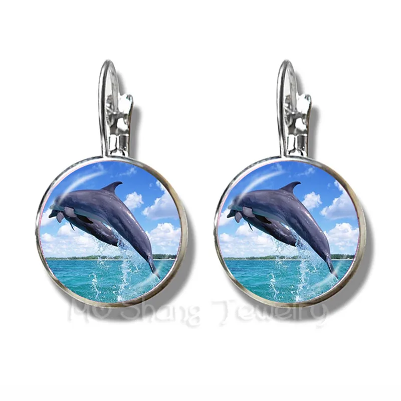 Серьги с изображением красивых дельфинов модные круглые стеклянные серьги