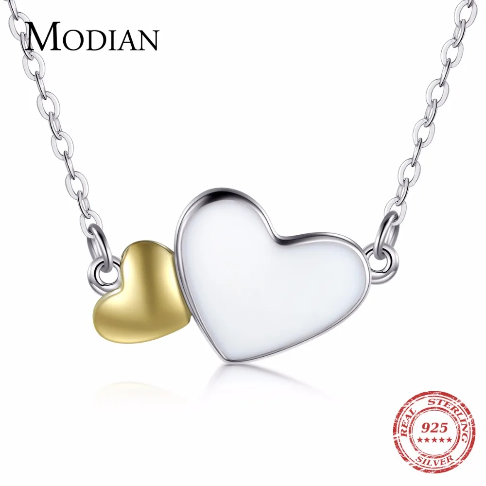 Фото Modian Новый стиль 100% 925 стерлингового серебра Двойное сердце ожерелье