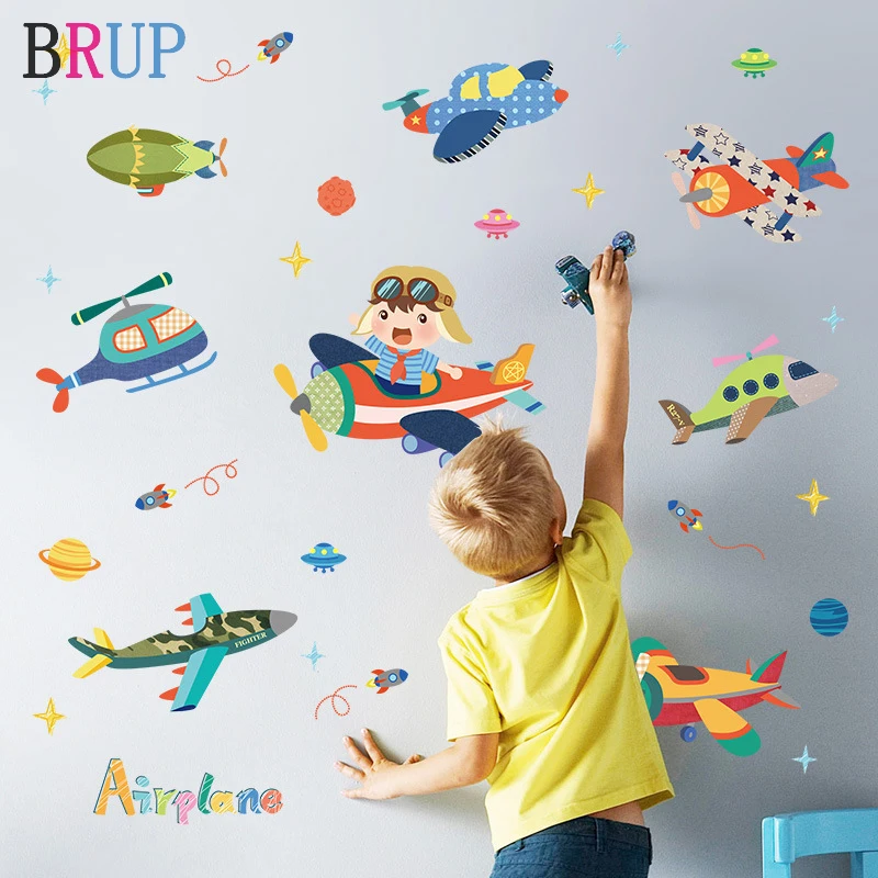 Мультфильм наклейка на стену самолет для детской комнаты домашний декор