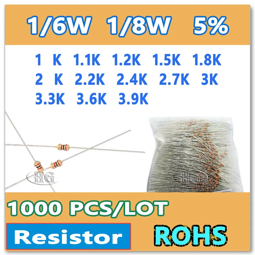 JASNPROSMA 1000PCS/LOT 5% 1/6W 1/8W 1K 1.1K 1.2K 1.5K 1.8K 2K 2.2K 2.4K 2.7K 3K 3.3K 3.6K 3.9K carbon film DIP OHM Resistor
JASNPROSMA 1000PCS/LOT 5% 1/6W 1/8W 1K 1.1K 1.2K 1.5K 1.8K 2K 2.2K 2.4K 2.7K 3K 3.3K 3.6K 3.9K carbon film DIP OHM Resistor