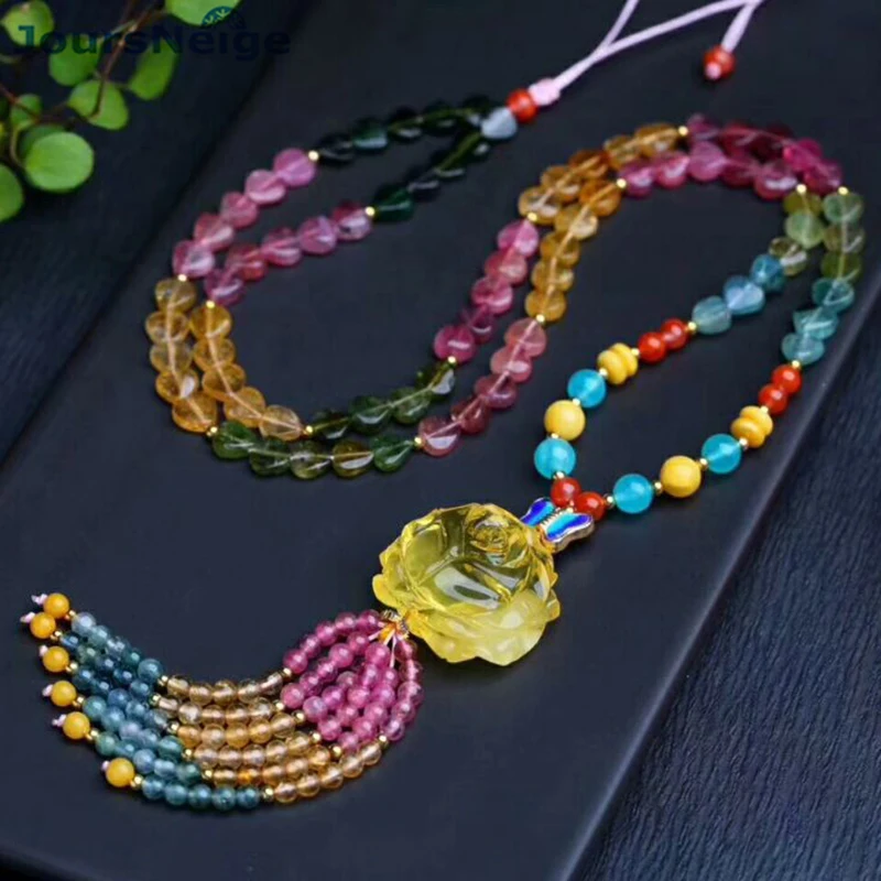 

Beauty Natural Tourmaline Crystal Necklace Fine Stone Beads With Caved Yellow Flower Pendant Sweater Chain Necklace Jewelry