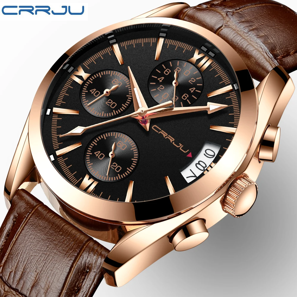 

CRRJU Mens Chronograp Sport Watches Luxury Quartz Gold Watch Men Casual Leather Business Waterproof WristWatch Relogio Masculino