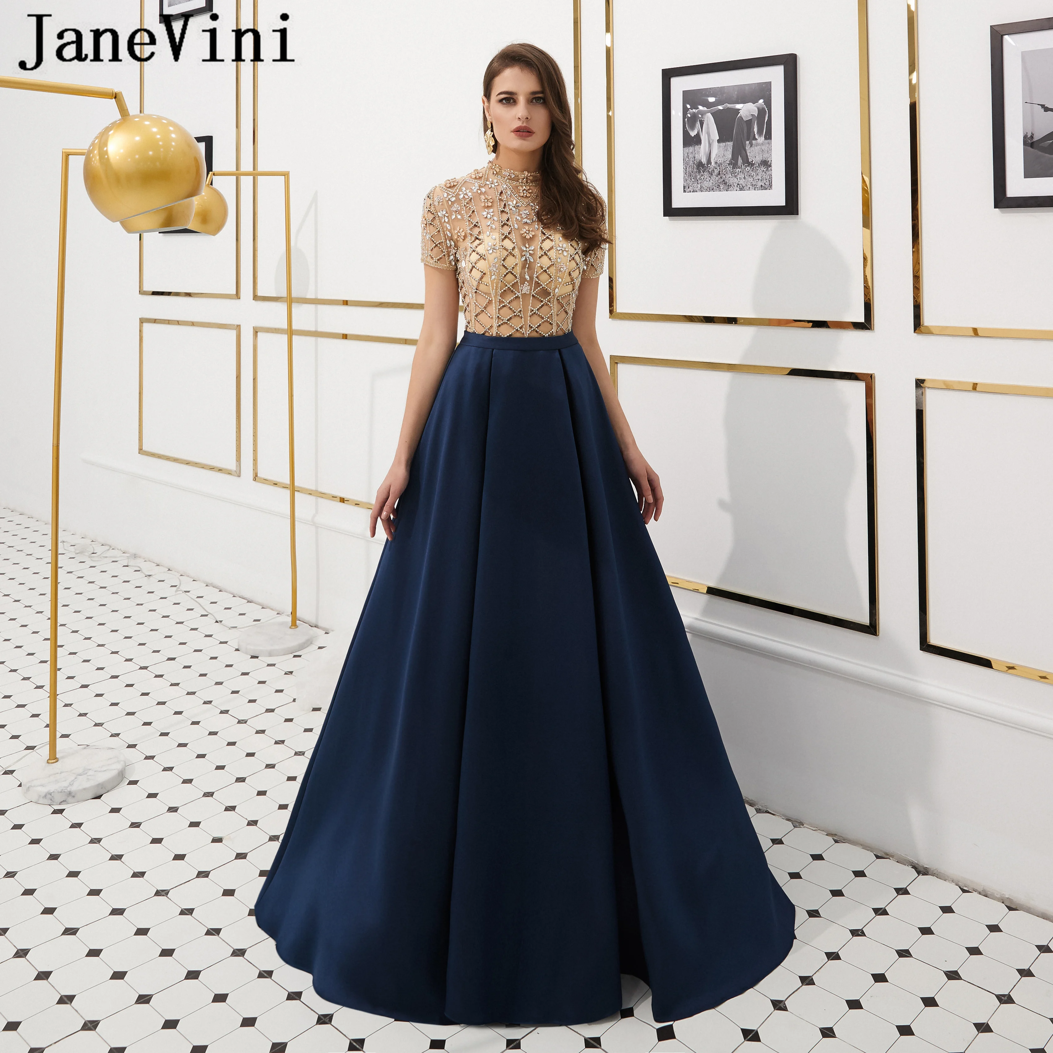 JaneVini Luxury Navy Blue Heavy Beading Long Prom Dresses for Women 2019 High Neck Short Sleeves A Line Satin Formal Party Gowns
JaneVini Luxury Navy Blue Heavy Beading Long Prom Dresses for Women 2019 High Neck Short Sleeves A Line Satin Formal Party Gowns