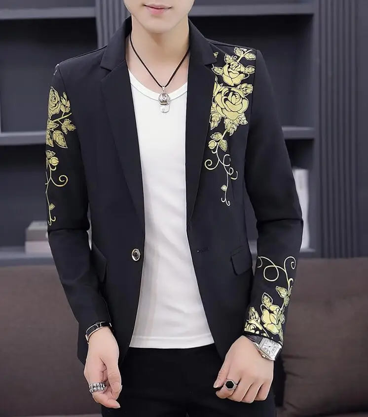 Gold Black Blazer Flower Gold Print Party Wedding Festival Stylish Blazers For Men Stage Costumes For Singers Slim Fit Blazer
Gold Black Blazer Flower Gold Print Party Wedding Festival Stylish Blazers For Men Stage Costumes For Singers Slim Fit Blazer