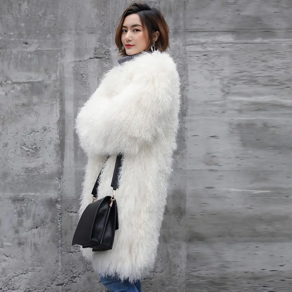 

Long natural fur coat of mongolia sheep fur autumn winter outdoor warm 100cm long white lamb fur jacket full pelt fur coats C126