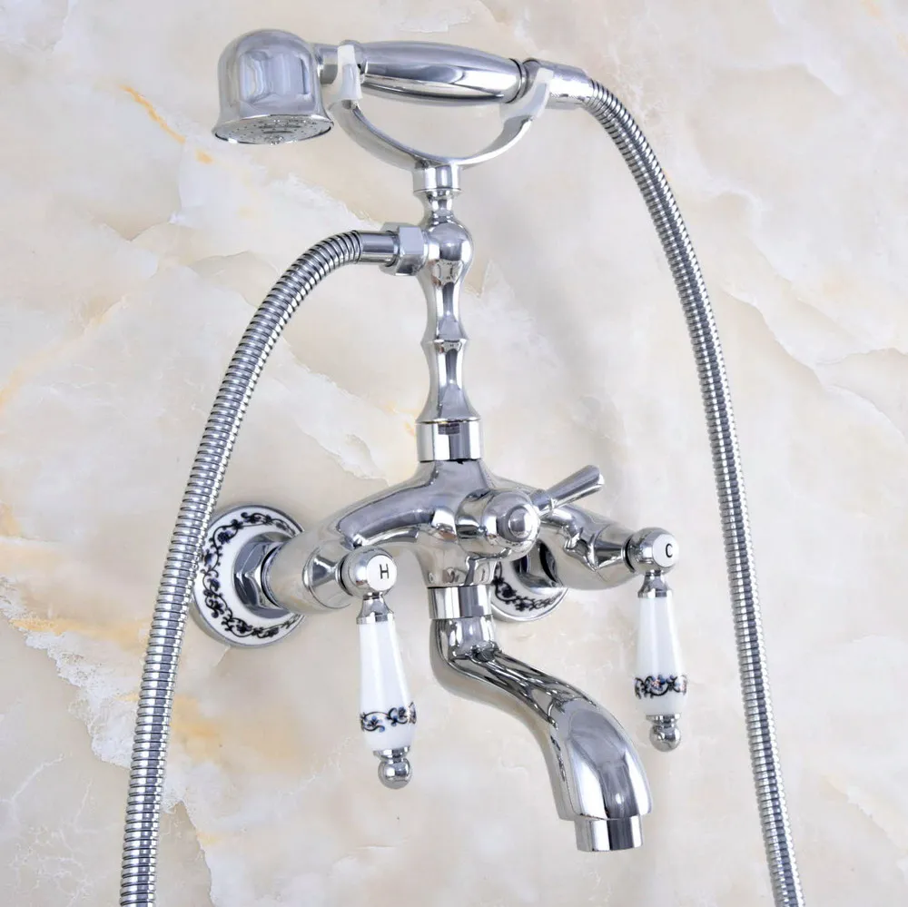 Polished Chrome Brass Double Ceramic Handles Wall Mounted Claw Foot Bathroom Tub Faucet Mixer Tap With Handshower mtf847
Polished Chrome Brass Double Ceramic Handles Wall Mounted Claw Foot Bathroom Tub Faucet Mixer Tap With Handshower mtf847