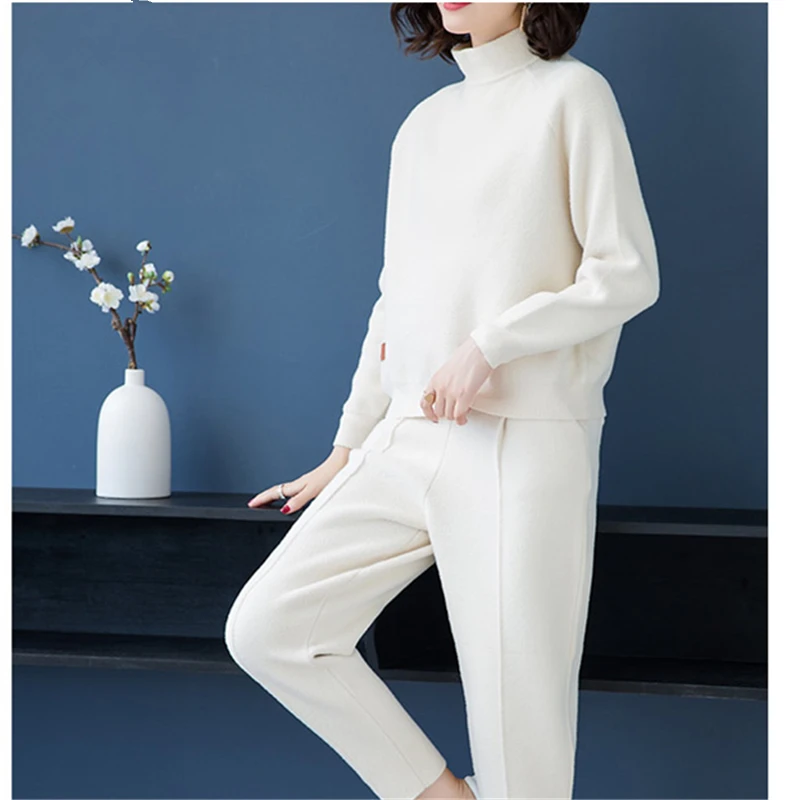 

Fashion Knitted Suit Women's Autumn and Winter 2020 Double Cashmere Loose Sweater Harlan Radish Pants Casual Women Two Piece Set