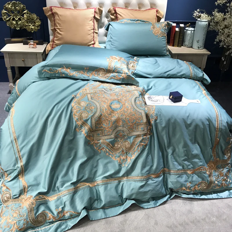 120S Egyptian Cotton blue gold Embroidery Luxury Bedding Set 4pcs King Queen Wedding Bed Sheet Cover set Duvet cover Pillowcase
120S Egyptian Cotton blue gold Embroidery Luxury Bedding Set 4pcs King Queen Wedding Bed Sheet Cover set Duvet cover Pillowcase