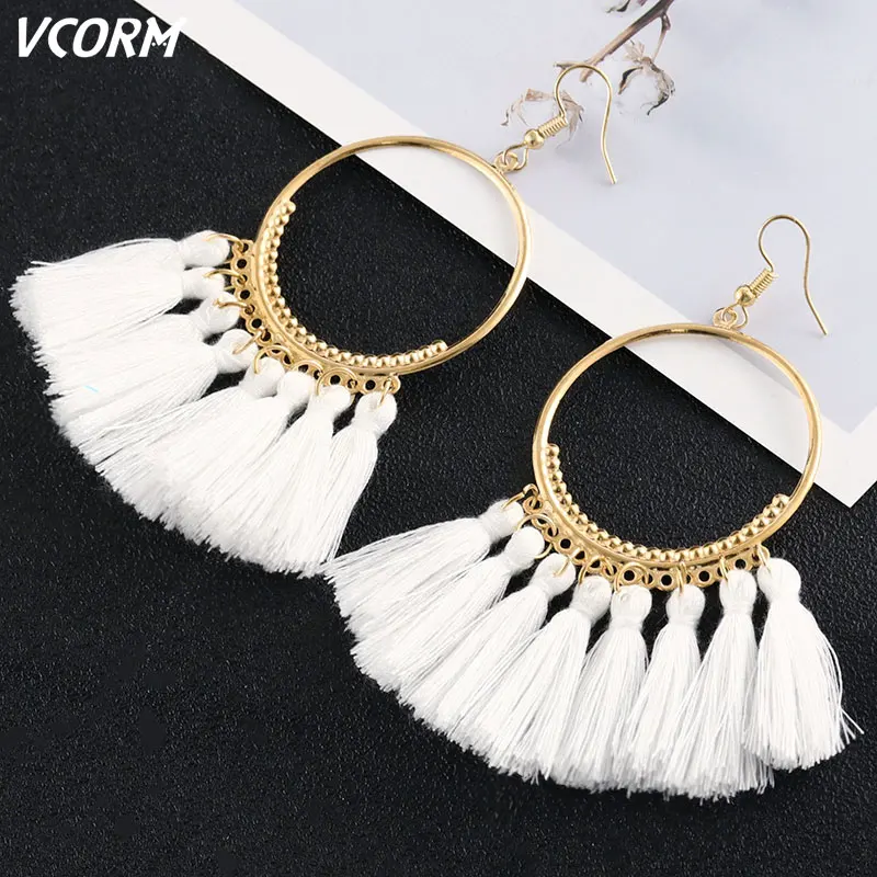 

VCORM 10 colors Tassel Earrings For Women Ethnic Big Drop Earrings Bohemia Fashion Jewelry Trendy Cotton Rope Fringe Long Dangle