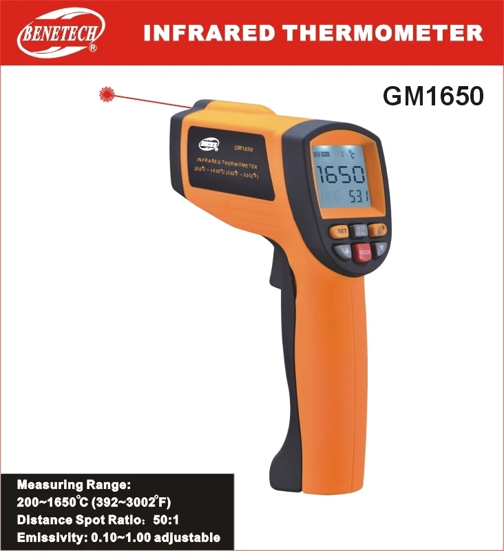 GM1650 Non-Contact 50:1 LCD display IR Infrared Digital Temperature Gun Thermometer 200~1650C (392~3002F) 0.1~1.00 adjustable
GM1650 Non-Contact 50:1 LCD display IR Infrared Digital Temperature Gun Thermometer 200~1650C (392~3002F) 0.1~1.00 adjustable