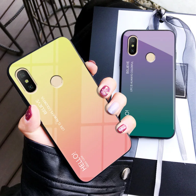 Для Xiaomi Mi A1 A2 Модный чехол из закаленного стекла с градиентом + мягкая боковая