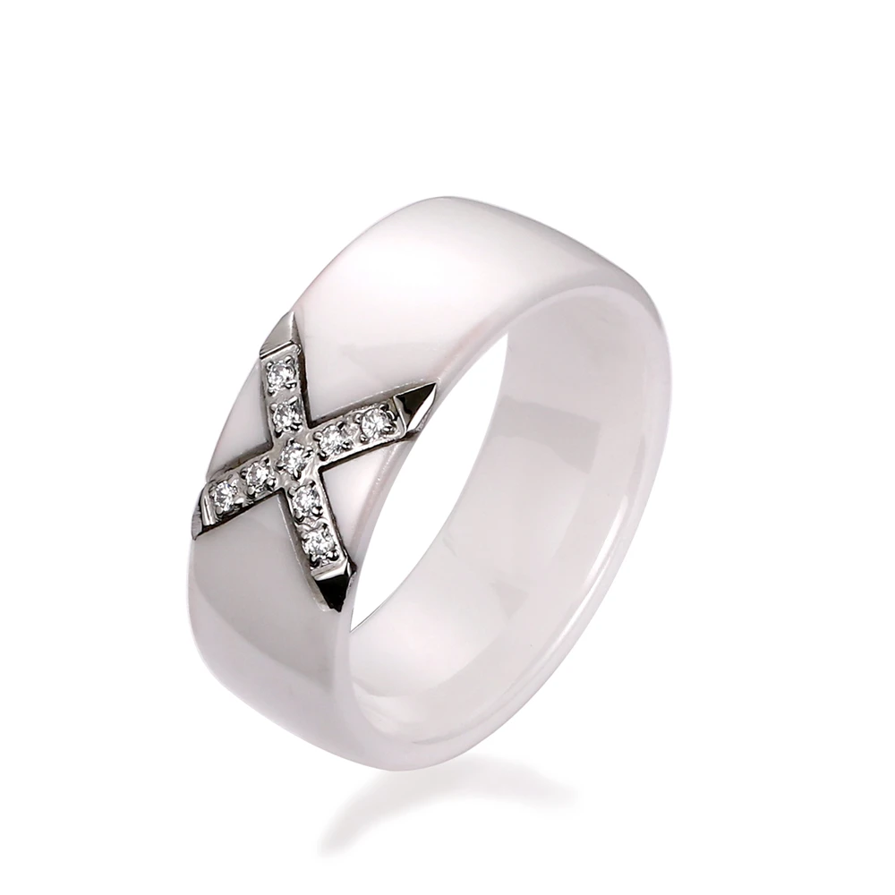 Женское кольцо из нержавеющей стали гладкое керамическое с крестиком 8 мм |