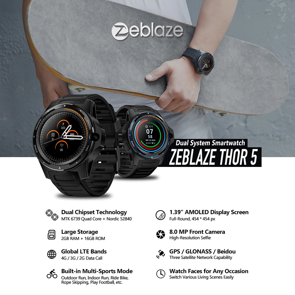 Zeblaze THOR 5 Android 7.1.1 умные часы 2 Гб + 16 ГБ 4G LTE 8.0MP наручные Nano SIM WiFi BT4.0 с контролем