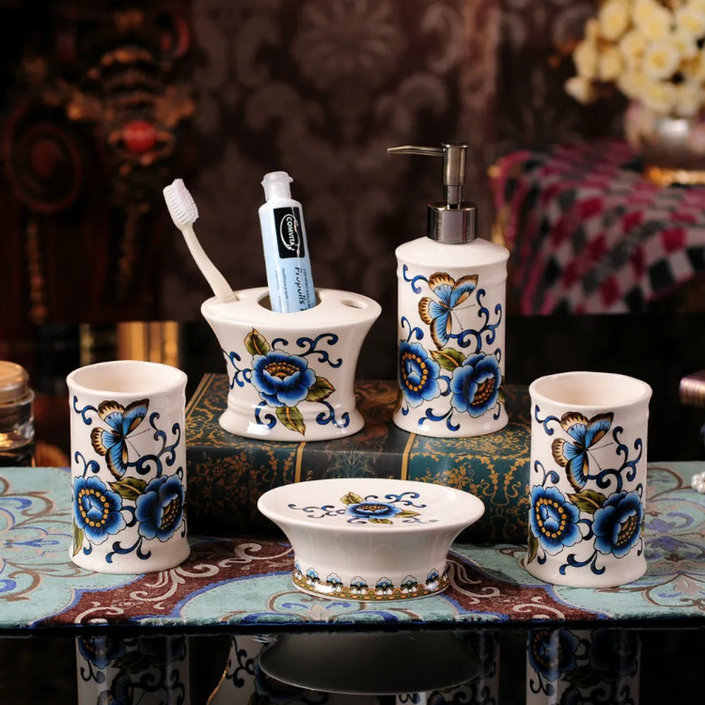 European ceramic painted bathroom five-piece suit American country wash basin soap box mouth cup decoration LO871113
European ceramic painted bathroom five-piece suit American country wash basin soap box mouth cup decoration LO871113