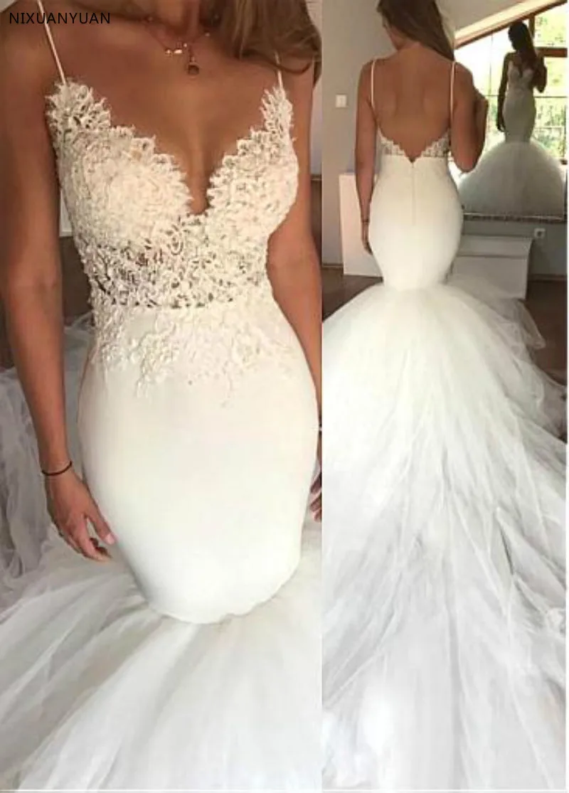 Elegant White Sexy Appliques Spaghetti Straps Mermaid Lace Wedding Dresses Bridal Gowns Wedding Gowns Vestido De Noiva
Elegant White Sexy Appliques Spaghetti Straps Mermaid Lace Wedding Dresses Bridal Gowns Wedding Gowns Vestido De Noiva