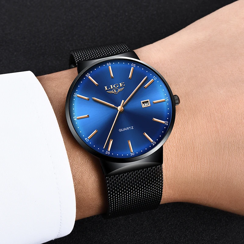 Лидирующий бренд Роскошные мужские часы LIGE синие водонепроницаемые наручные