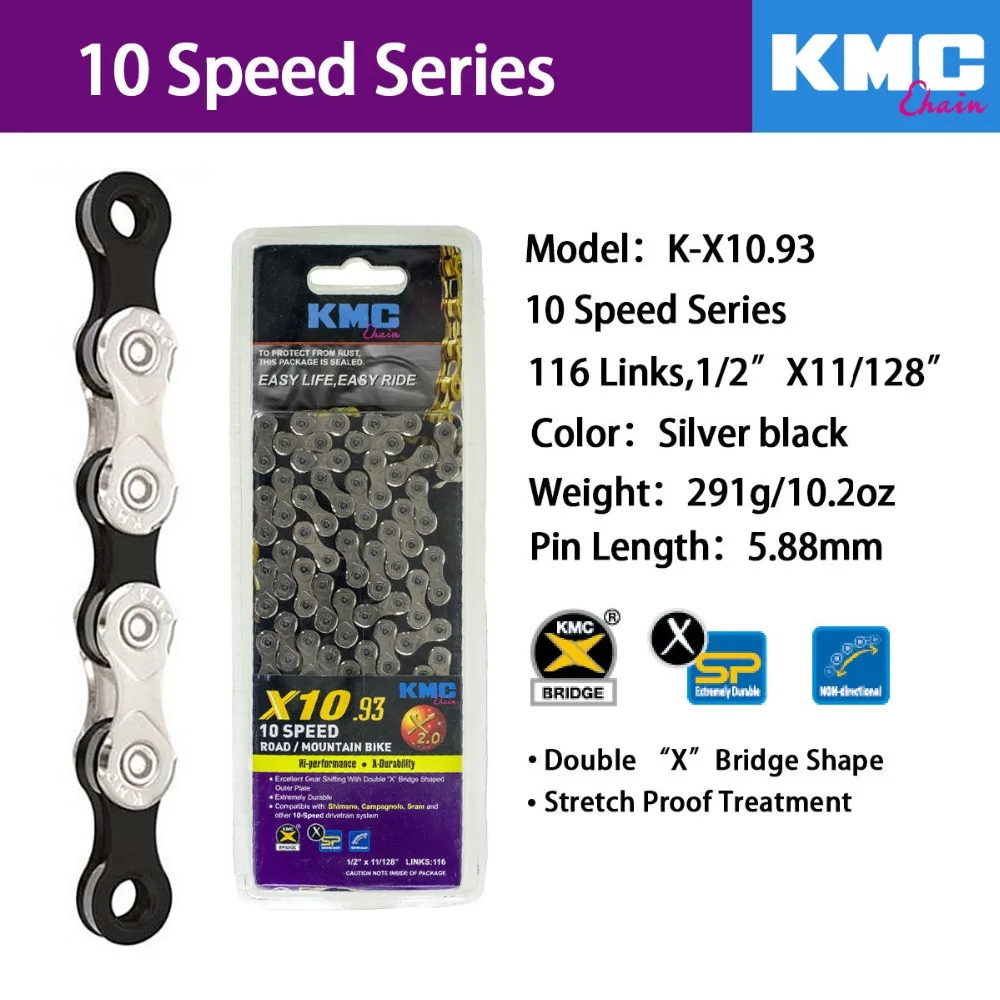 Велосипедная цепь KMC X10 X10.93 MTB для дорожного велосипеда 116L 10 скоростного волшебная