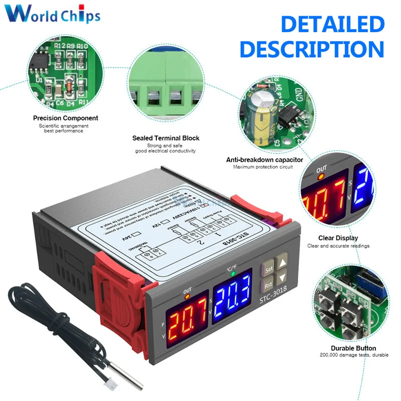 STC-3018 Digital Temperature Controller Thermostat Thermoregulator Heating Cooling Switch Digital Hygrometer DC 12V 24V 110-220V
STC-3018 Digital Temperature Controller Thermostat Thermoregulator Heating Cooling Switch Digital Hygrometer DC 12V 24V 110-220V