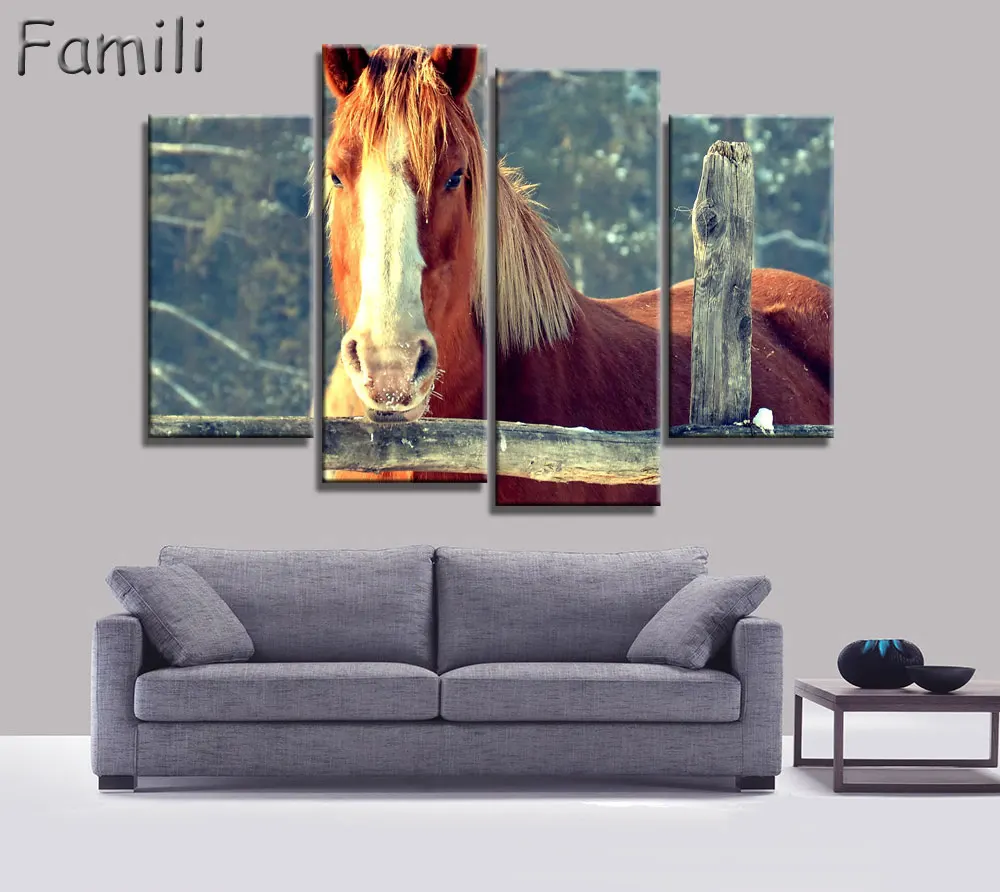 4Pcs/Set Sunset Horse Canvas Painting Animal Poster Vintage Grassland Wall Christmas Pictures For Home Decor Cheap A |