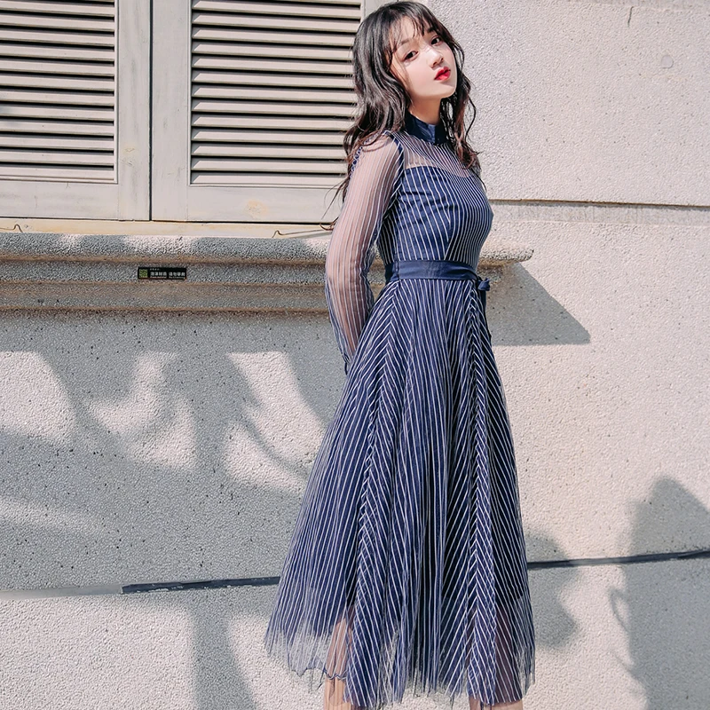 Spring New Woman Striped Blue Dresses Stand Collar Ladies Elegant Midi Party Dresses A-line Mesh Dress for Woman
Spring New Woman Striped Blue Dresses Stand Collar Ladies Elegant Midi Party Dresses A-line Mesh Dress for Woman