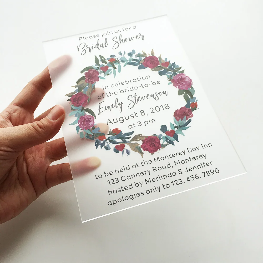 50pieces Per Lot Customized Rustic Floral Watercolor Style 5x7inch Frosted Acrylic Wedding Bridal Shower Invitation Card
50pieces Per Lot Customized Rustic Floral Watercolor Style 5x7inch Frosted Acrylic Wedding Bridal Shower Invitation Card