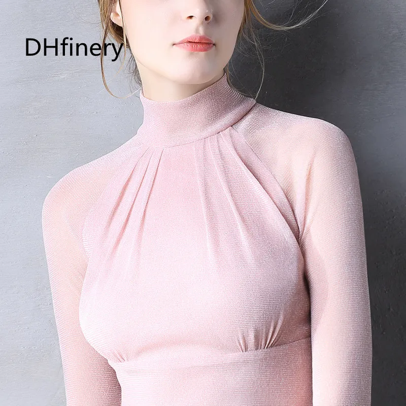 

DHfinery women T-shirt spring autumn Half-high collar bright silk mesh full sleeve t-shirts black and pink tshirt Tops sg27260