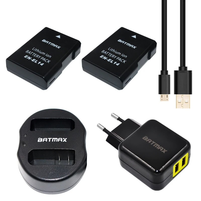 

2x EN-EL14 ENEL14 EN EL14 Batteries &Dual USB Charger&EU/US AC Power Plug Adapter for Nikon D5200 D3100 3200 D5100 P7000 P7100