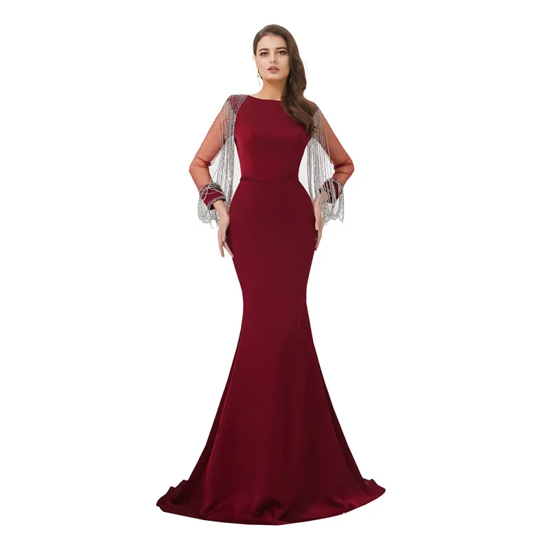 Elegant Wine Red Satin O-Neck Mermaid Fishtail Tassels Fulle Sleeve Long Evening Dress Trumpet Prom Gown robe de soiree 49306
Elegant Wine Red Satin O-Neck Mermaid Fishtail Tassels Fulle Sleeve Long Evening Dress Trumpet Prom Gown robe de soiree 49306