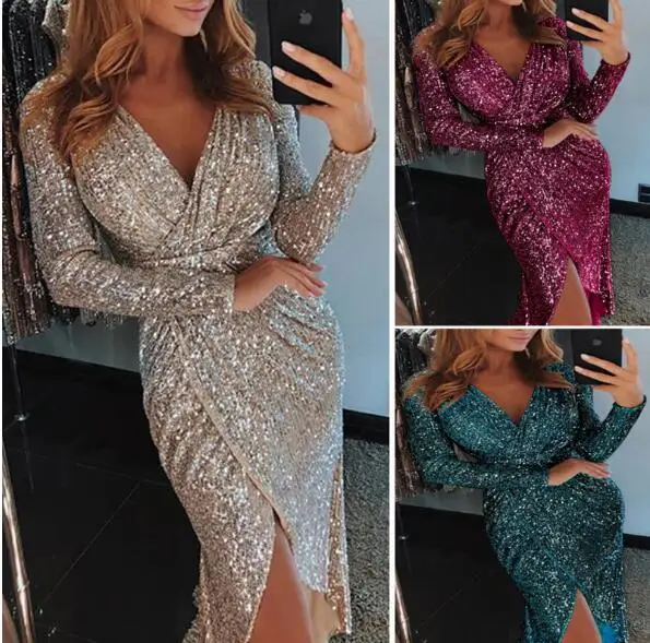 2022 New Fashion Sexy Women V Ncek Solid Sequined Glitter Stitching Shining Club Long Sleeved Mini Dress For Female
2022 New Fashion Sexy Women V Ncek Solid Sequined Glitter Stitching Shining Club Long Sleeved Mini Dress For Female
