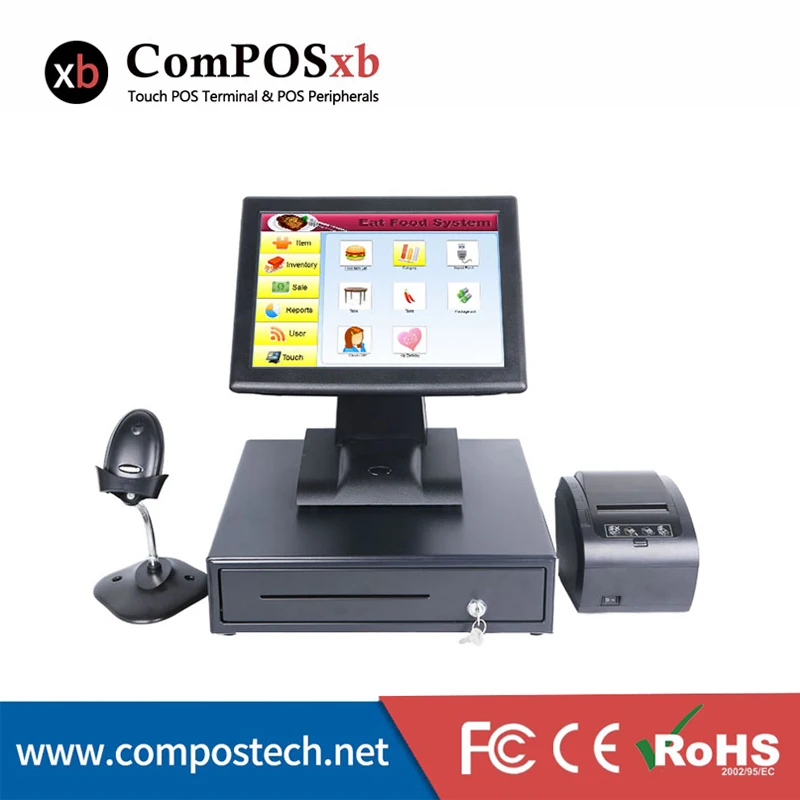 

Sales software 15-inch touch screen all in the cash register cheap POS system black POS system printer / scanner / cash box