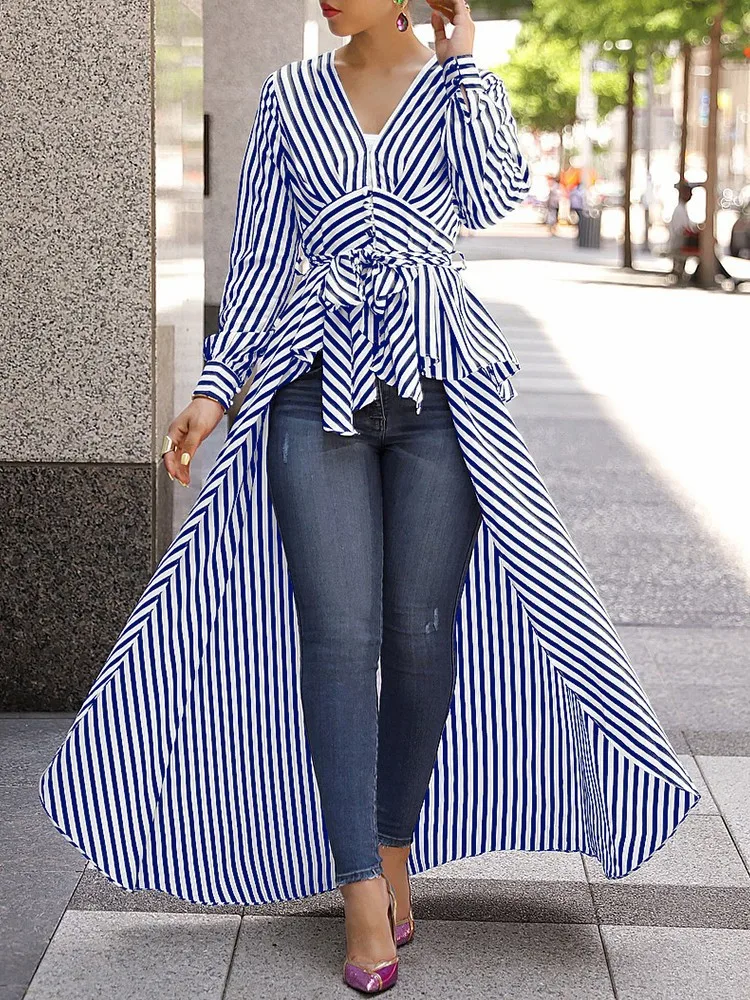 Women Blouse Shirts Full Sleeve Irregular Striped Long Tops V-neck Butto Up Tunic Shirts Ladies Elegant Wear Sashes Female Club
Women Blouse Shirts Full Sleeve Irregular Striped Long Tops V-neck Butto Up Tunic Shirts Ladies Elegant Wear Sashes Female Club