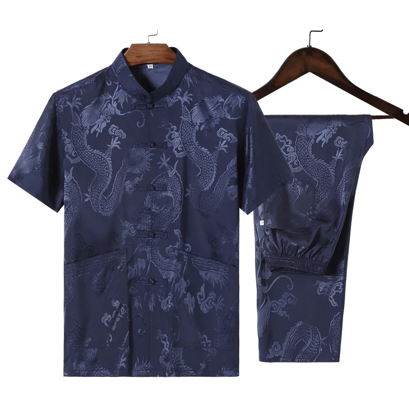 Middle-aged and old-aged mens Tang suit two-piece Chinese style men imitation silk embroidered shirt and pant Loose design
Middle-aged and old-aged mens Tang suit two-piece Chinese style men imitation silk embroidered shirt and pant Loose design