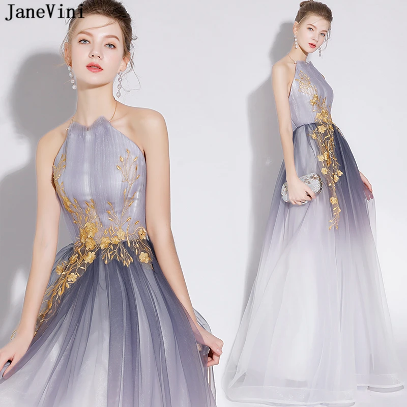 JaneVini Gray Gradient Tulle Long Bridesmaid Dresses Halter Gold Lace Appliques Backless Floor Length Elegant Prom Gowns 2019
JaneVini Gray Gradient Tulle Long Bridesmaid Dresses Halter Gold Lace Appliques Backless Floor Length Elegant Prom Gowns 2019