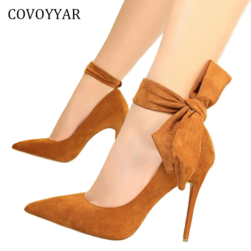 

COVOYYAR 2022 Bowtie Ankle Strap Women's Pumps Spring 2 Wears Pointed Toe Stiletto High Heels Flock Party Wedding Shoes WHH626