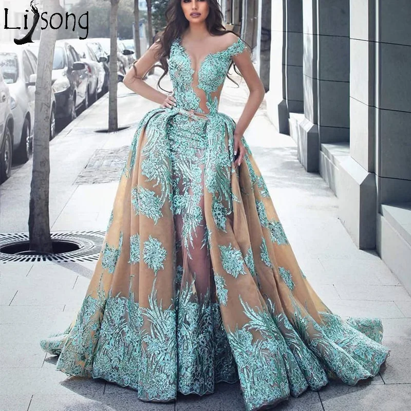 

Haute Couture Overskirt Mermaid Prom Dresses Illusion Neckline Detachable Train Lace Appliques Long Evening Dress Robe de soiree