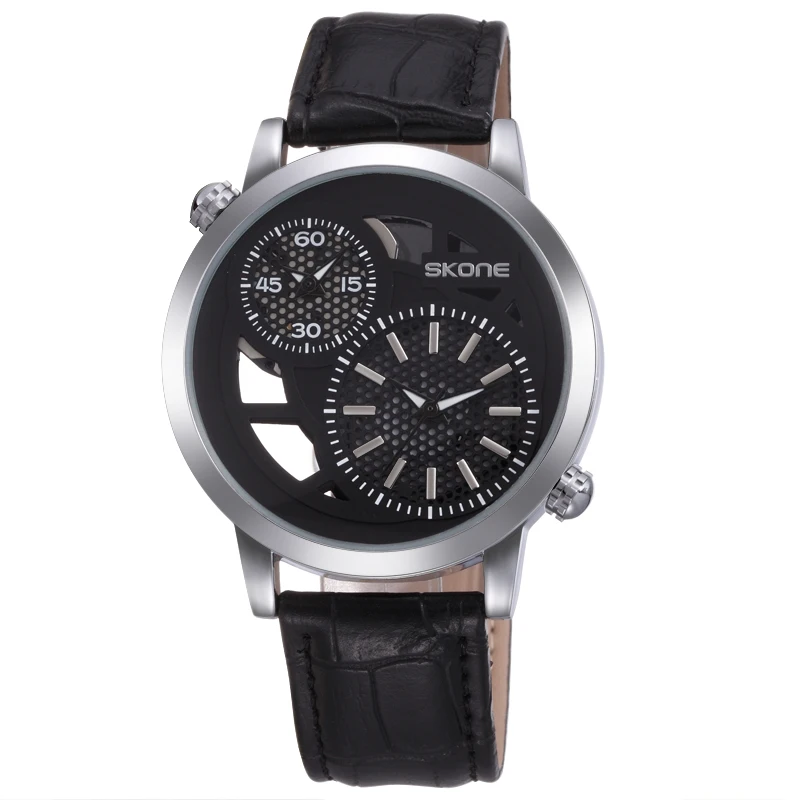 SKONE watches men creative men's dual-time display wristwatch leather strap analog sport quartz wrist watch waterproof | Наручные