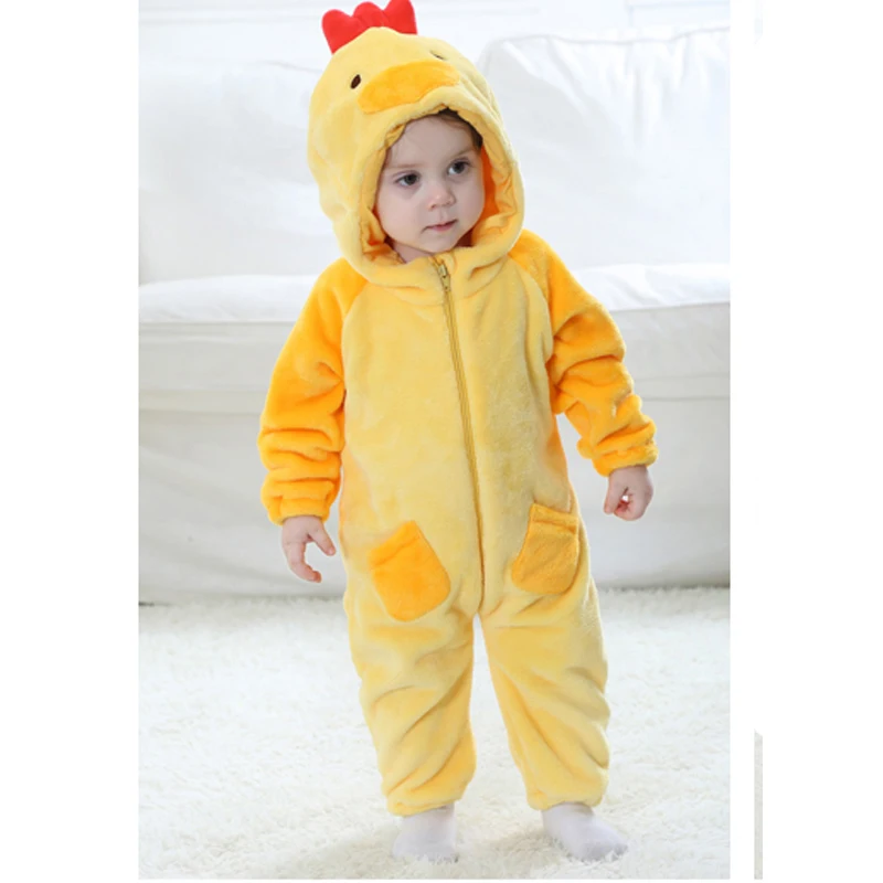 Spring Autumn Chickens Flannel Romper for 0-3Y Baby Boy Girl Long Sleeve Children Climbing Clothes Yellow Hooded Infant Jumpsuit | Мать и