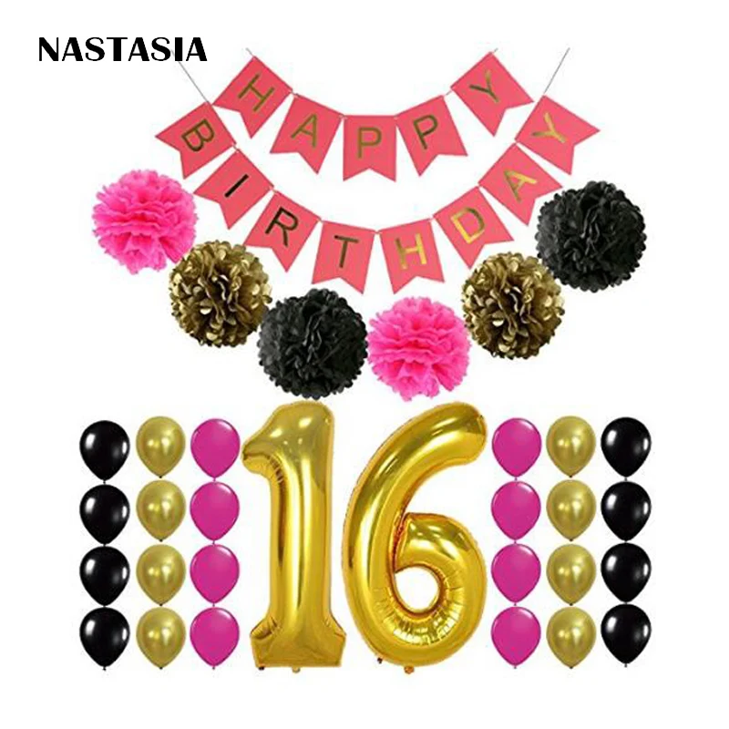 

16th BIRTHDAY PARTY SUPPLIES DECORATIONS - Hot Pink Happy Birthday Banner Sign, Number 16 Mylar Balloon,Pink Gold Black