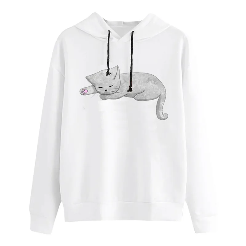 Women Sweatshirt Casual Solid Color Cat Pattern Long Sleeve Hooded Pullover women's clothing hoodies T# | Женская одежда