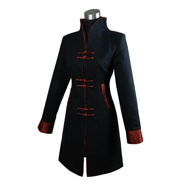 

Black Fashion Thick Cashmere Chinese Tradition Women's Long Jacket Coat Lengthen Outerwear Dust Coat Size S M L XL XXL XXXL