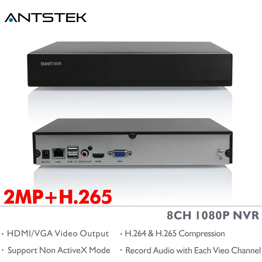 ANTSTEK начального уровня 8CH 2MP H.265 NVR Поддержка 1xsata HDD с смартфон удаленного просмотра