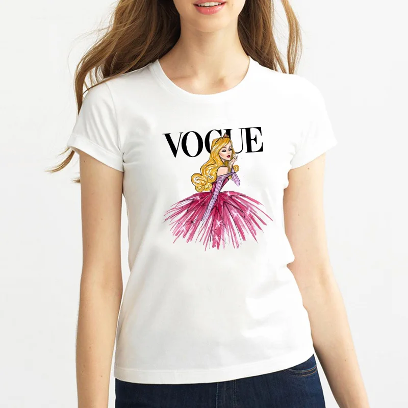 2019 Фирменная новинка Женская футболка с татуировкой Vogue принцесса принт модал