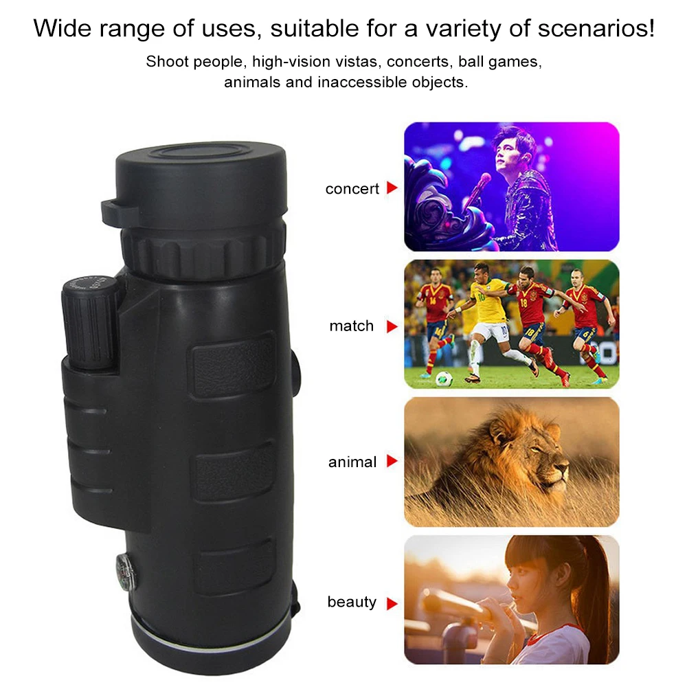 Telescope Night Vision Monocular Wide Angle HD Prism Scope with Compass Phone Clip Tripod Outdoor Portable Black 40X60
Telescope Night Vision Monocular Wide Angle HD Prism Scope with Compass Phone Clip Tripod Outdoor Portable Black 40X60