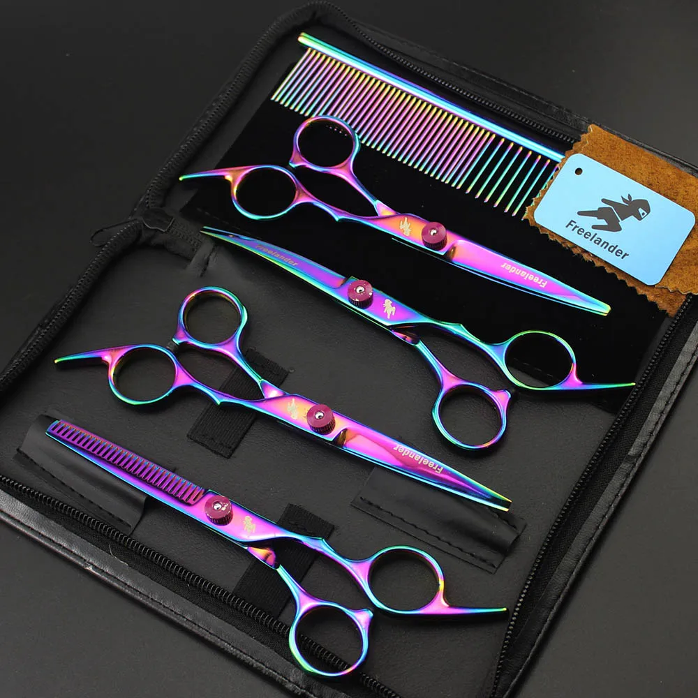 Professional 4pcs/set 6 inch Pet Scissors Dog Grooming Sets 2 Curved Scissors + 1 Thinning Scissor + 1 Straight Shears Rainbow
Professional 4pcs/set 6 inch Pet Scissors Dog Grooming Sets 2 Curved Scissors + 1 Thinning Scissor + 1 Straight Shears Rainbow
