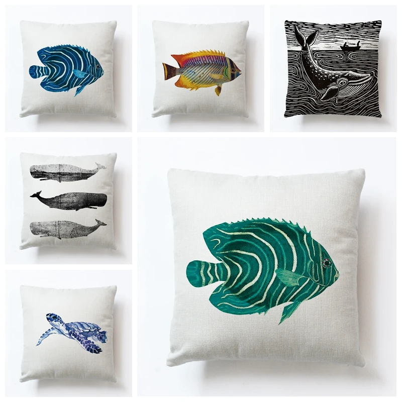 

RUBYLOVE Flax Pillowcase Marine Creature Pillowcase Turtle Cushion Sofa Waist Pillow Cute Colored Fish Home Decor