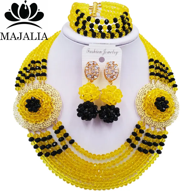 

Majalia Romantic Nigeria Wedding African Beads Jewelry Set Yellow and Black Crystal Necklace Bridal Jewelry Sets 6OP030